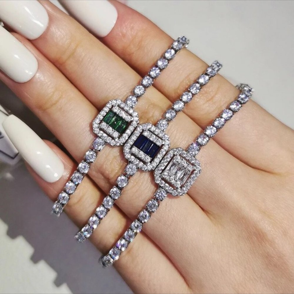 NEW “7” LUXURY 3MM DIAMOND BLUE’GREEN’ SILVER’ S925 STERLING BRACELET - Picture 2 of 5